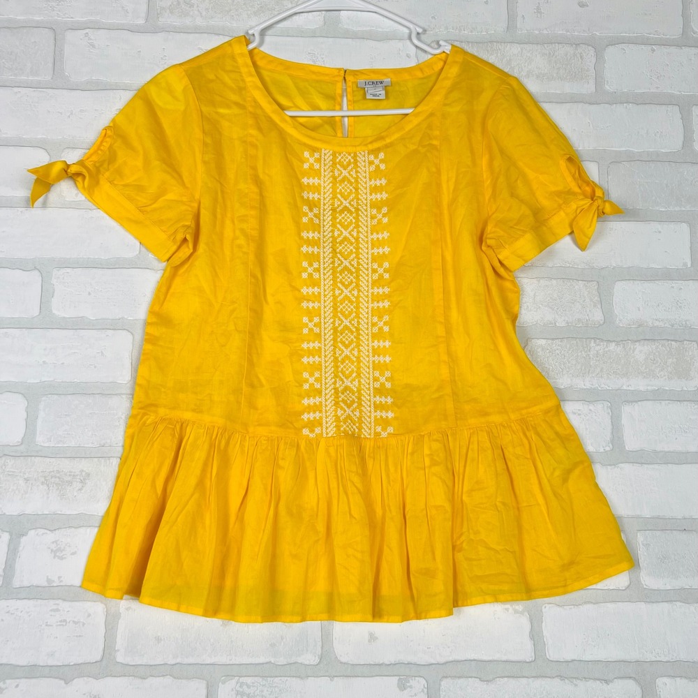 J.Crew Womens Yellow Embroidered Peplum Top Tie Sleeve Cotton Blouse 0 XS